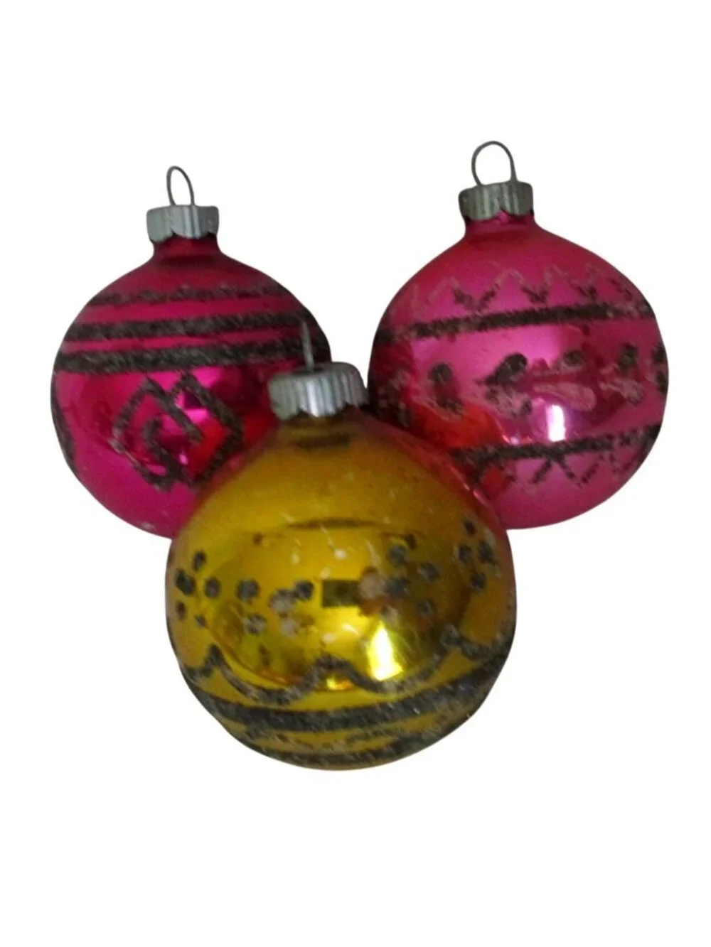 Set of 3 Vintage Shiny Brite Glass Christmas Ornaments – Glitter Design, 2.5 Inc
